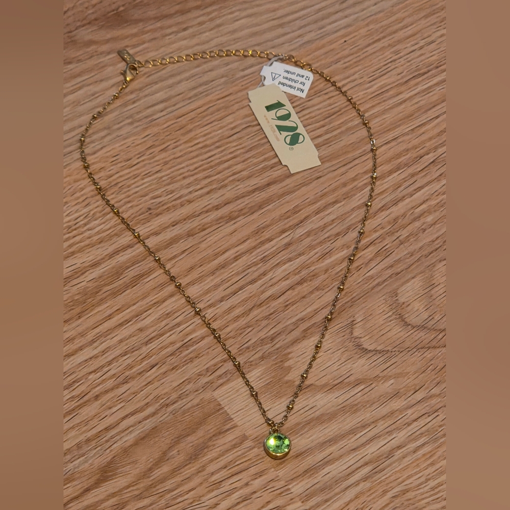 1928 14k Gold Dipped Necklace 16" Green Gemstone Brand New